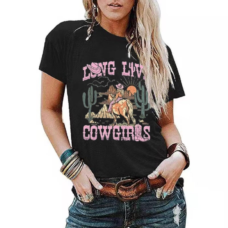 Western Cactus Horse T-Shirt Cactus Shirts for Women Desert Horse Graphic Tee Casual Cowgirl Vintage Short Sleeve Tops(Large,A-Black)